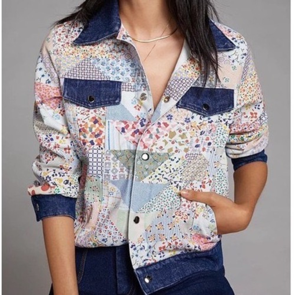 Carleen by‎ Anthropologie Quilted Patchwork Denim Trucker Jacket Size M Blue